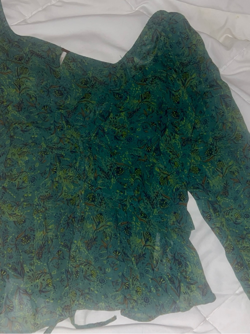 Free People Teal Green Floral V-Neck Ruffle Sheer Blouse - Picture 4 of 4
